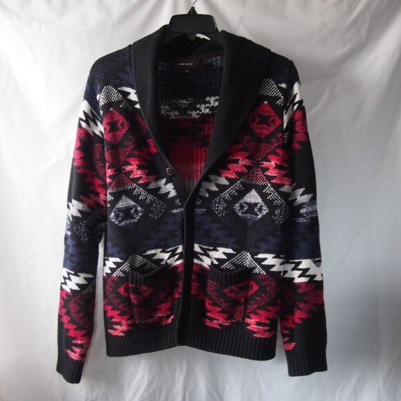 Adam Levine Chunky Knit Cowl Neck Cardigan /Red Blue Aztec Print Size L - Picture 1 of 15